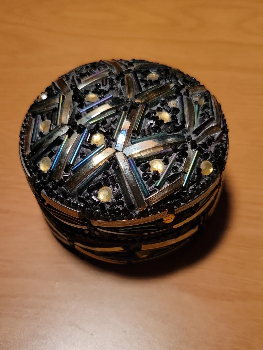 Vintage Beaded Round Trinket Box - Black and Iridescent